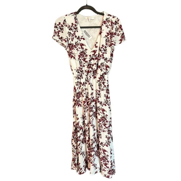 Wayf Short Sleeve Floral Cream Red V Neck Cap Sleeve Maxi Dress Size XS - Picture 1 of 4